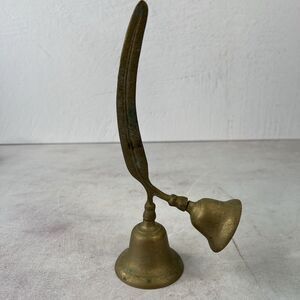 Vintage Brass Double Bell with Quill Feather letter opener Handle 9”H 4.5”w Aged